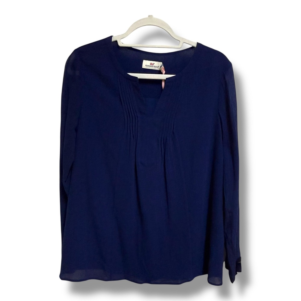 Vineyard Vines Womens Silk Cotton Pintuck Blouse Navy Blue S NWT Preppy Career